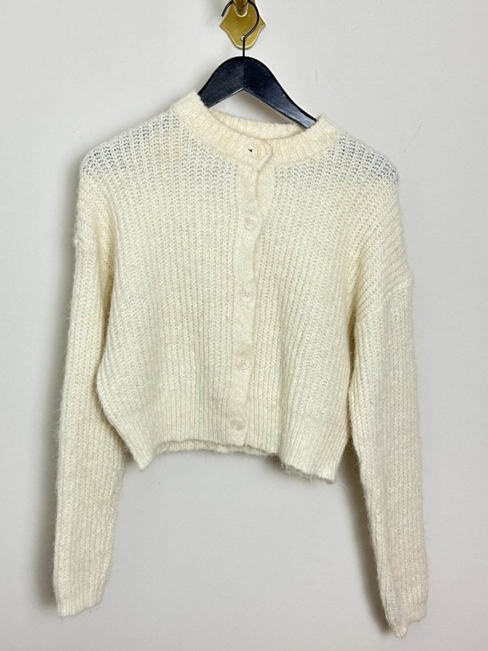 Nordstrom Open Edit Fuzzy Crewneck Cardigan in Ivory Size Small - Picture 3 of 7